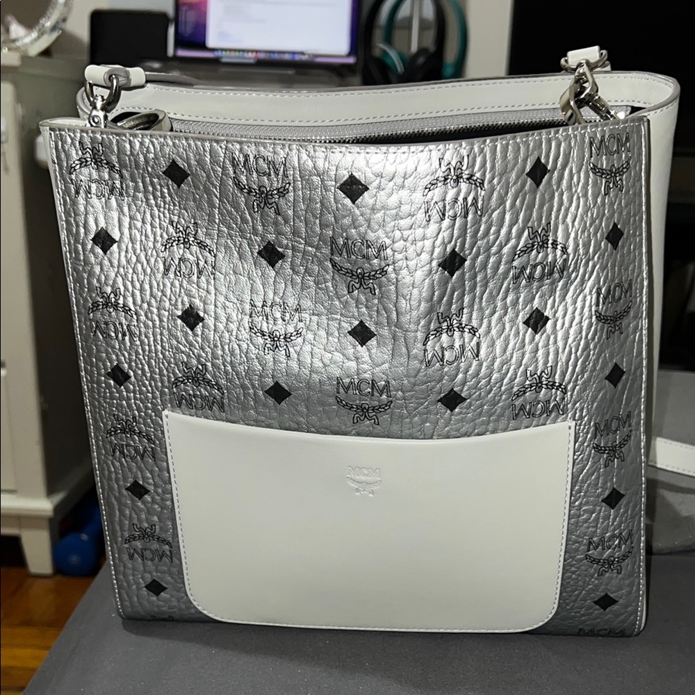 Mcm silver canvas and gray leather like new tote